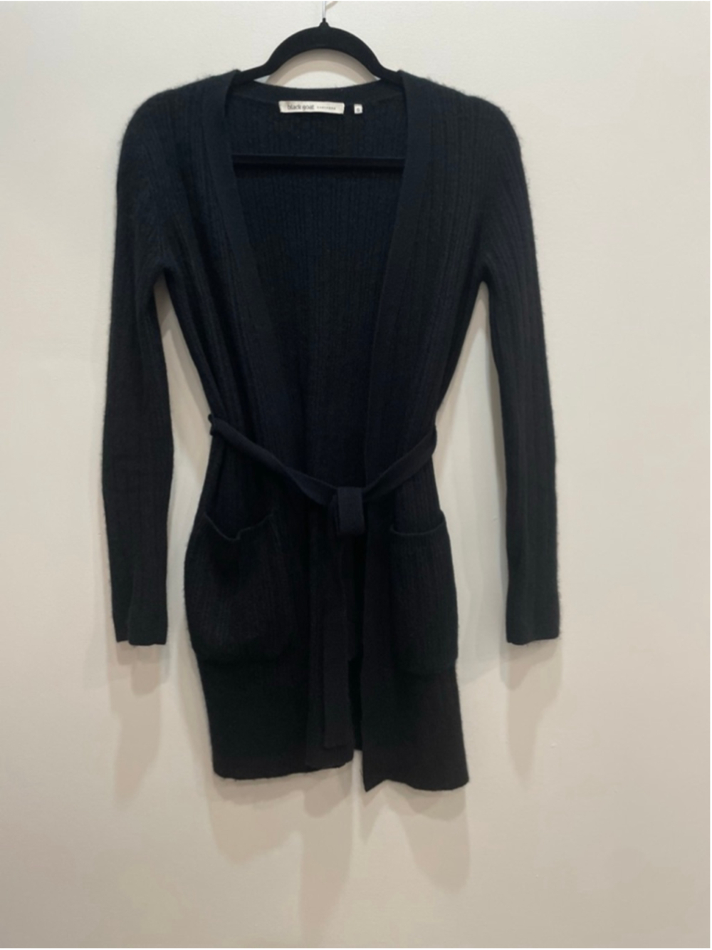 Black Goat 100% Cashmere Black Ribbed Belted Cardigan S Old Money Capsule